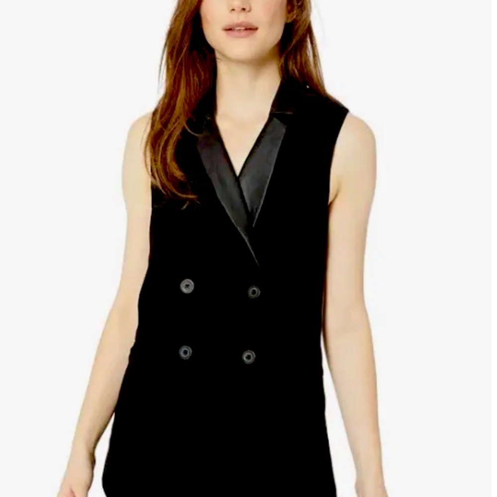 BCBGeneration Womens Faux Leather Trim Vest Tuxedo Vest Blk Top Sz XXS